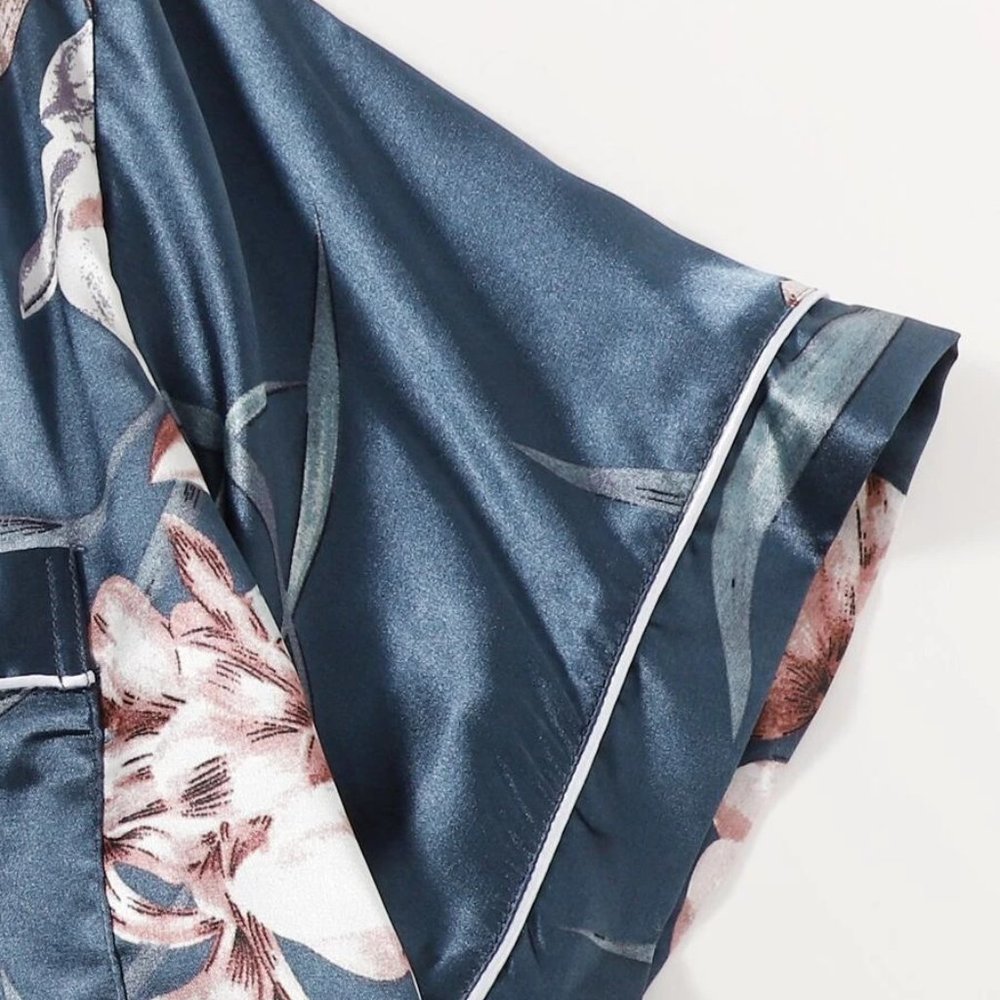 Plus Size Sleepwear Floral Print Dusty Blue Silk Satin PJ Set with Front Pocket - Picture 3 of 5